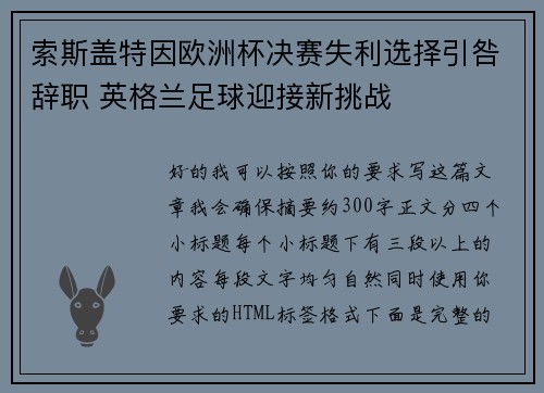 索斯盖特因欧洲杯决赛失利选择引咎辞职 英格兰足球迎接新挑战 索斯盖特因欧洲杯决赛失利选择引咎辞职 英格兰足球迎接新挑战